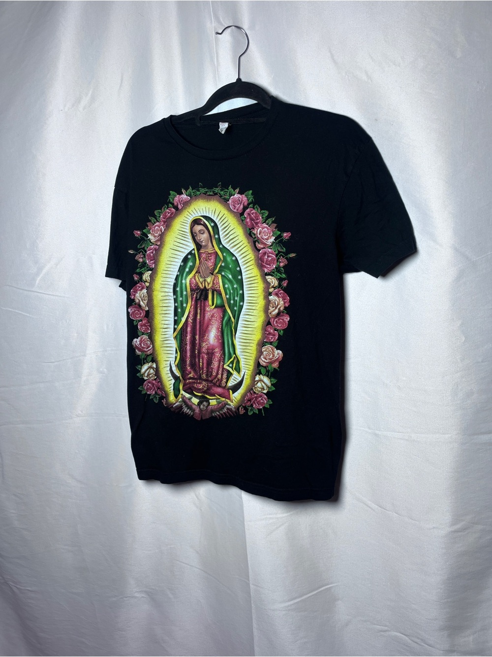 Black Virgin Mary Graphic Tee with Pink Roses 3  pieces. Men and women too .